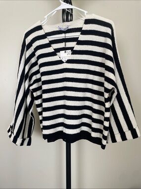 Zara Black & White Striped V-Neck Knit Sweater
